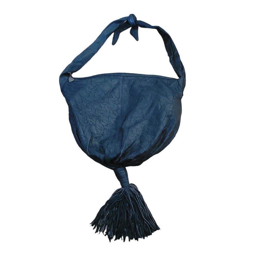 Vintage Brio genuine leather large hippie hobo bag purse Black Tassled Retro 70s